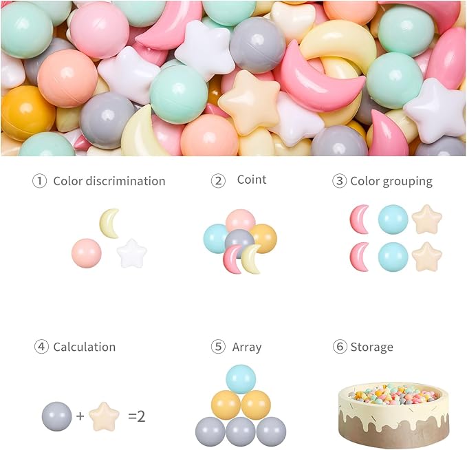 GOGOSO Ball Pit Balls Stars Moon Shapes Plastic Pitballs for Toddler Play Tent Baby Photo Props Kids Pool Water Toys Kiddie Pool Party Decor, Cream Mix 7 Colors,100PCS