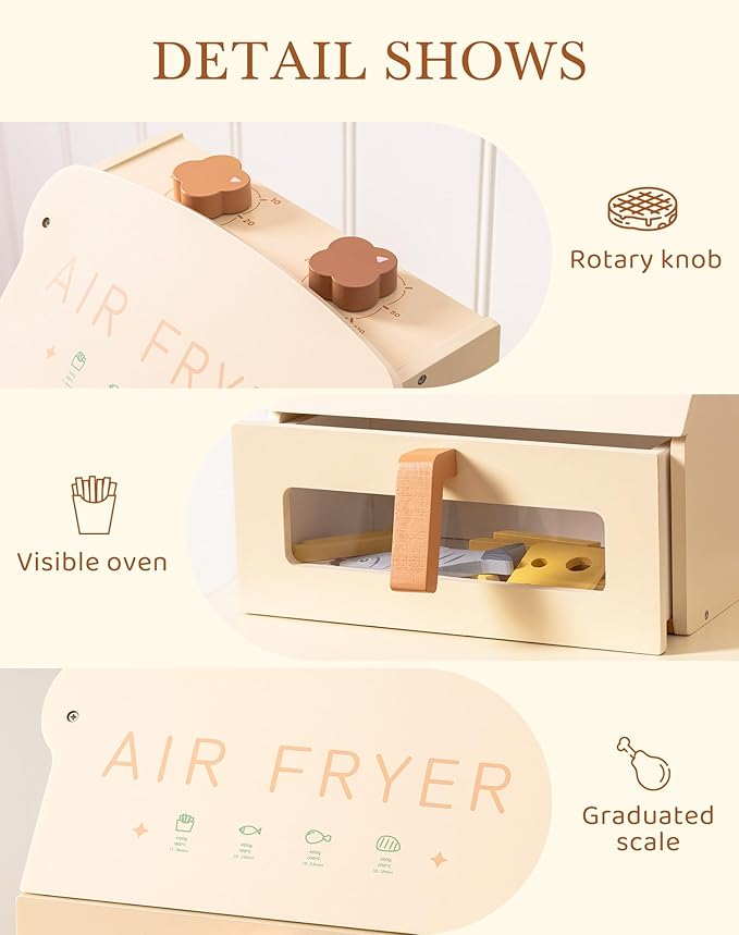 ROBOTIME Wooden Toy Air Fryer for Kids, Play Kitchen Accessories, Wooden Kitchen Play Food Set, Pretend Cooking Toys for Toddlers Kitchen Set, Role Play Gift for Boys & Girls