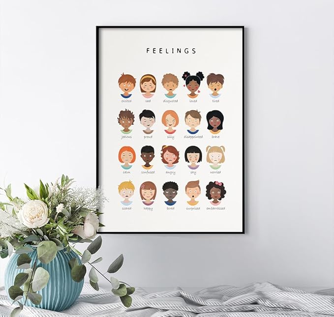uoyien Feelings Chart And Emotions Poster For kids Mental Health Awareness Canvas Wall Art Special Emotions Faces Calm Corner Prints Classroom Social Worker Office Decor 12x16in Metal Framed