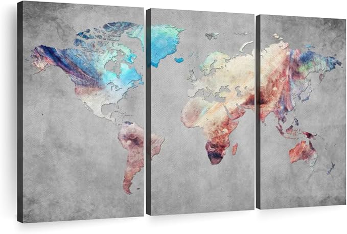 ElephantStock Artistic Touch World Map Multi Piece Canvas - 3 Panel Wall Decor - Map of the World Art - Canvas for the Office and Home - 57" X 36"