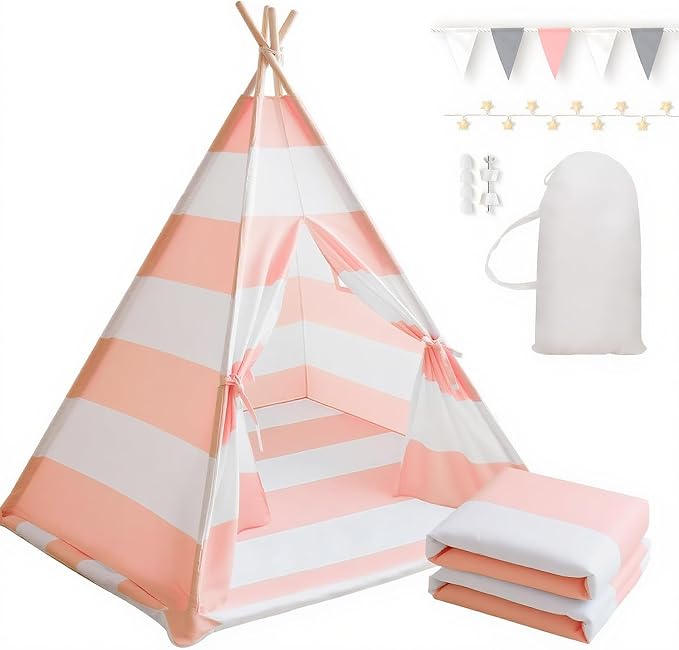 Teepee Tent for Kids with Padded Mat, Lights, and Carry Bag, Washable Playhouse for Indoor Use, Ideal Play Tent for Girls and Boys, Stripe Pink