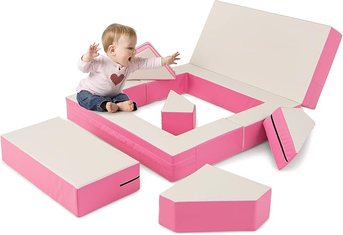 Costzon Climb and Crawl Foam Set, 4-in-1 Convertible Furniture Into Toddler Bed, Sofa, Table, Activity Play Blocks, 8-Piece Lightweight Colorful Interactive Set for Baby and Preschooler (Pink)