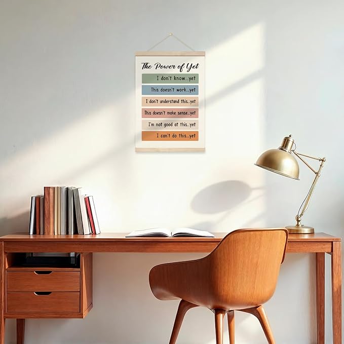 Inspirational Wall Decors - The Power of Yet, Therapy Office Decor, Growth Mindset Mental Health Poster, Canvas Wood Hanger for Wall, School Counselor Office Decor