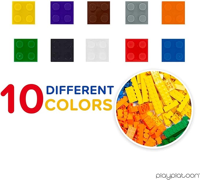 Play Platoon 1120 Pieces Building Bricks Set - 10 Classic Color Blocks - Bulk Building Blocks Compatible with Major Brands - 14 Different Shape Bricks - Includes Wheels, Tires, Axles, Windows & Door
