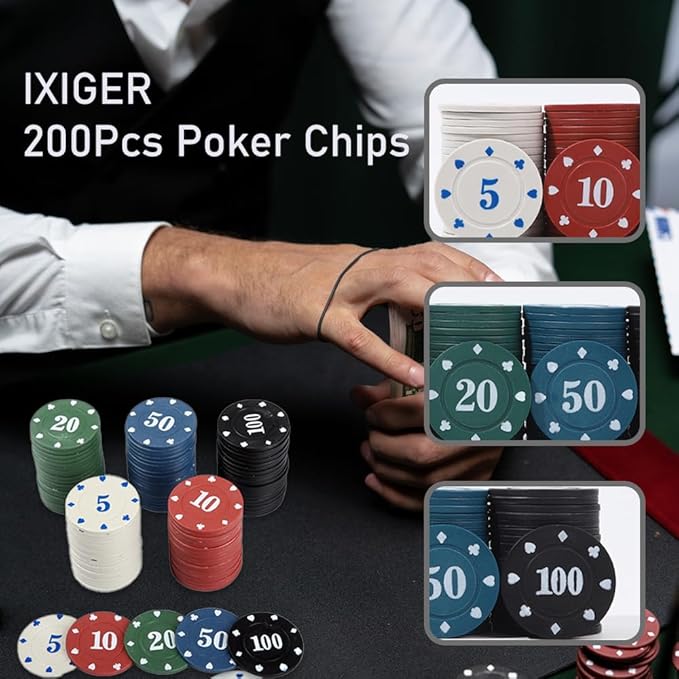 IXIGER 200Pcs Poker Chips, Poker Chips Set with Denominations for Card Board Game, Plastic Game Chips with Black Velvet Pouch Bag, Math Counting Chips,Game Night Party Supplies