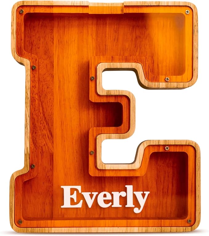 Customized Name Large Wooden Piggy Bank for Kids Boys Girls Alphabets Letter A-Z Coins Bills Money Change Bank Box Initial on Clear Cover (Laser Engraved) (Alphabet-Z, Personalized-9")