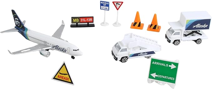 Daron Alaska Airlines Airport Playset with Die-Cast Metal Model Airplane with Plastic Parts, Cars and Transportation Toys for Kids Ages 3+