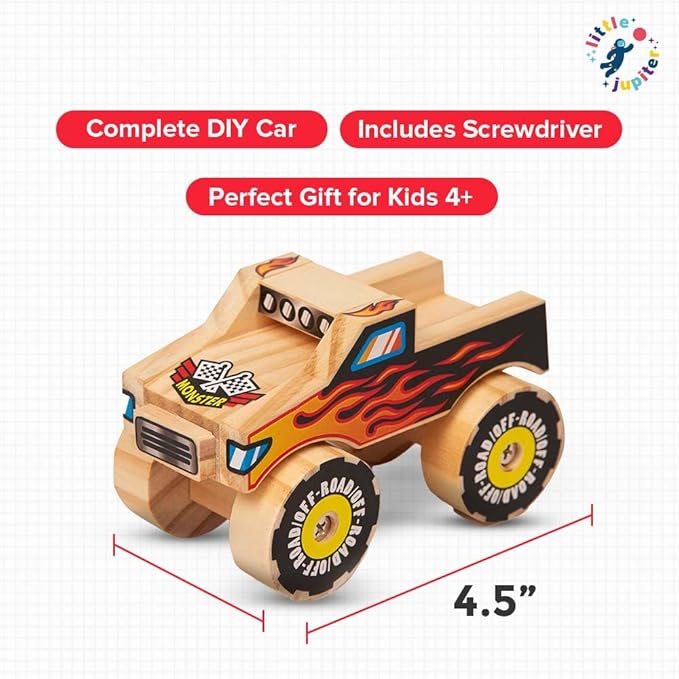 Little Jupiter DIY Wooden Kits w/Stickers - Kids Building Kit - Stem Toys for Ages 4-7 - Wood Crafts for Kids - Woodworking Kits (Monster Truck 1 & Race Car)
