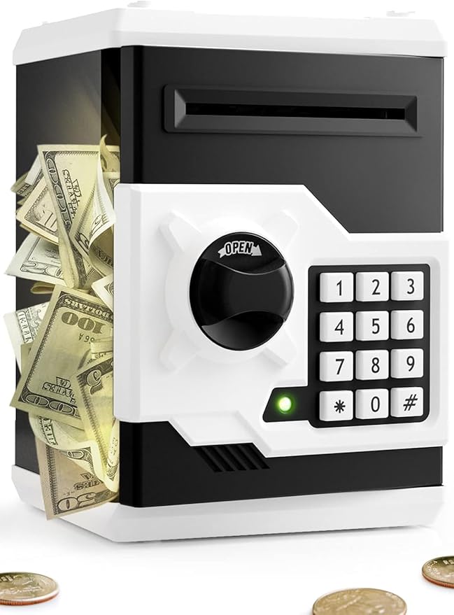 Piggy Bank for Girls Boys Large Electronic Money Coin Banks with Password Protection, Automatic Paper Money Scroll Saving Box, Great Gift for Kids(Black-White)