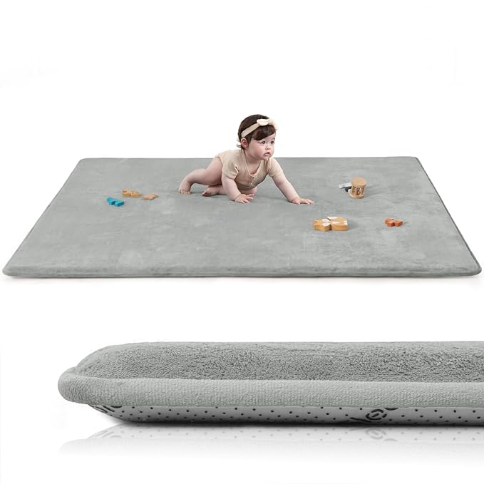 Baby Play Mat for Floor,Extra Large 79"×118" Playroom Mat,Thicker Memory Foam Classroom Mats for Toddler,Infant,Kids,Water Repellent Ultra Soft Coral Velvet,Non-Slip Backing Safe for Crawling(Light Grey)