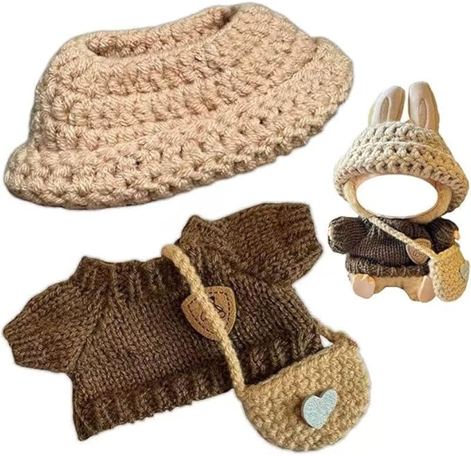 Clothes for Labubu(NO Doll), 15cm/17cm Doll Accessories Suit ,Handcrafted Crochet 3-Piece Set,Premium Outfit with Accessories for , Stylish Clothes for Dolls, Play & Collector