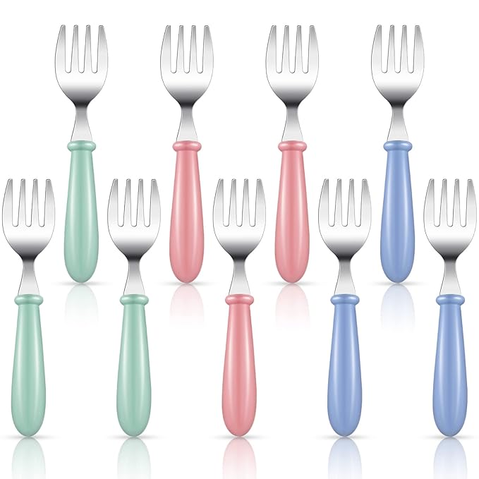 Chumia 9 Pieces Stainless Steel Toddler Forks, Kids Safe Utensils Set Baby Kids Self Feeding Training Cutlery with Round Handle, Stainless Steel Metal Flatware for Children Boys Girls, Dishwasher Safe