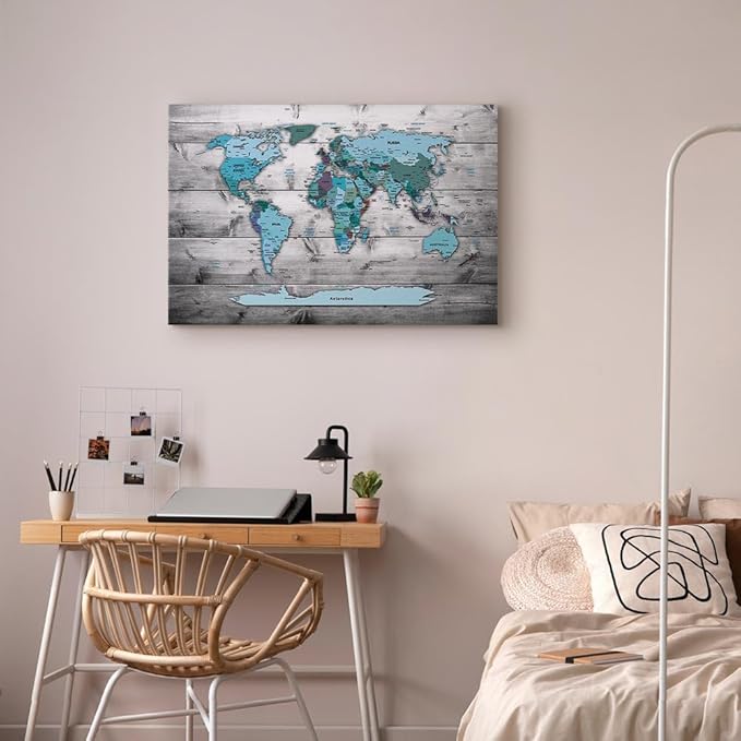 artgeist Canvas Wall Art Print World Map 35x24 in - 1pcs Home Decor Framed Stretched Picture Photo Painting Artwork Image World Travel Map Wood k-B-0009-b-d