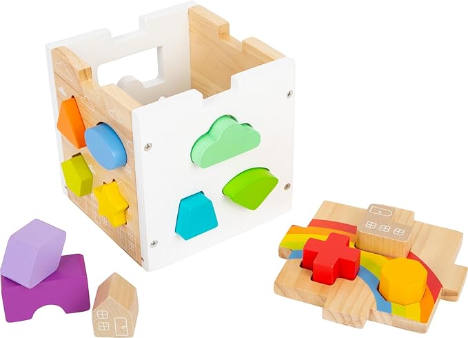 Wooden Rainbow Shape Sorter Cube – Sorting Toy with 13 Geometric Shapes & Removable Lid – Educational Game for Dexterity & Fine Motor Skills – Teaches Counting, Shapes and Colors – Ages 12+ Months