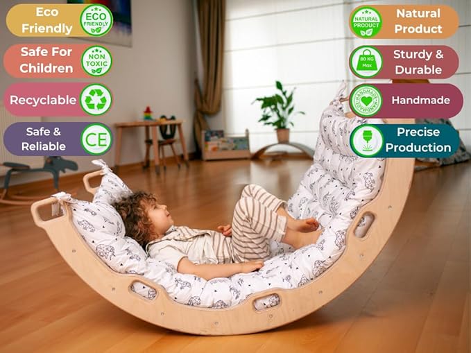Climbing Arch | Montessori Rocker Arch | Arch with Cosy Pillow | Wooden Climbing Arch with Cushion | Wooden Climbing Arch and Rocker | Indoor Playground Cosy Cushion Rocker (Origami)