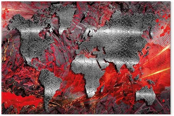 artgeist Canvas Wall Art World Map 24x16 in - 1pcs Home Decor Framed Stretched Picture Photo Painting Artwork Image - Abstract Continents Map World Map Red Silver k-A-0505-b-c