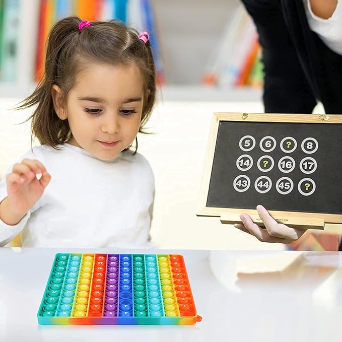 Large P0pp with Numbers, Rainbow Square Dimples Fidgett Ttoy 100 Bubble Math Toy Learning Tool for Teachers to Make Various Math Operations Poppers for Kids (1-100 Numbers)
