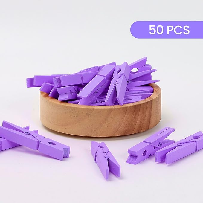 50PCS Colored Wooden Clothespins, 2.9inch Purple Clothes Pins for Clip Pictures Photos Decorative, Small Colorful Wood Decoration Closepins Clips