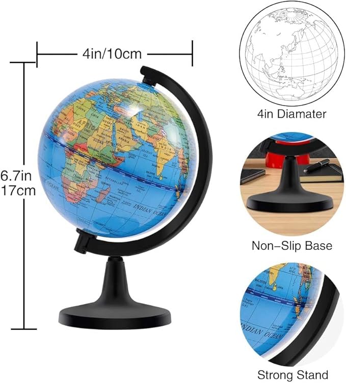 Wizdar 4'' World Globe for Kids Learning, Educational Rotating World Map Globes Mini Size Decorative Earth Children Globe for Classroom Geography Teaching, Desk and Office Decoration-4 inch