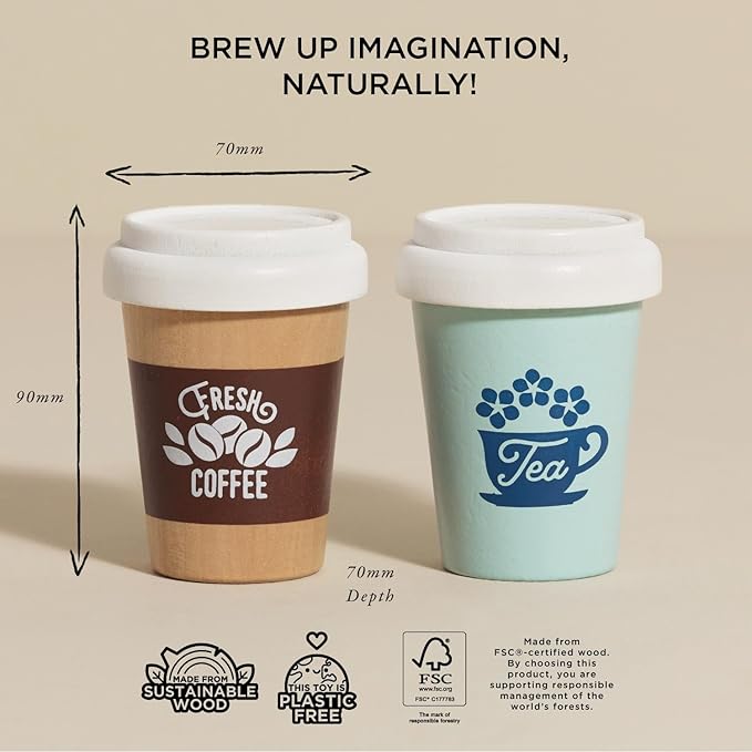 Le Toy Van - Honeybake - Take Away Coffee Cup and Tea Cup - Travel Mug Set - Kids Kitchen Accessories - Role Play Wooden Play Food - Toy Kitchen Accessories - Wooden Kitchen Toys - Age 2+ Years