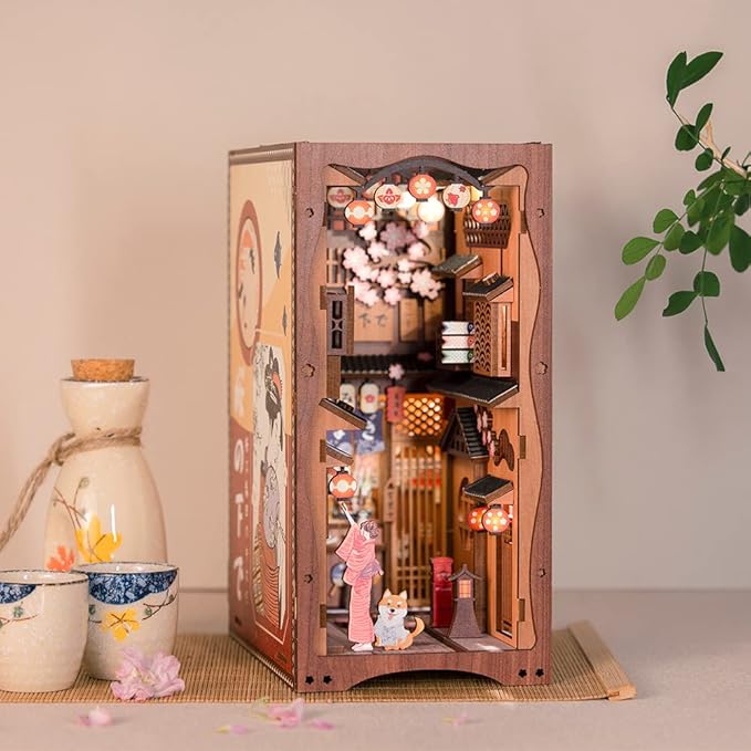 Fsolis Book Nook Kit, 3D Wood Puzzles for Adults, 214pcs, DIY Miniature House Kit Booknooks Japanese Decorative Bookends for Bookshelf (Under The Sakura Tree)