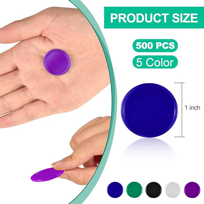Coopay 500 Pieces Plastic Learning Counters Disks Bingo Chip 5 Colors Counting Discs Markers for Math Practice and Poker Chips Game Tokens Kids Reward, 1 Inch (White, Blue, Black, Green, Purple)