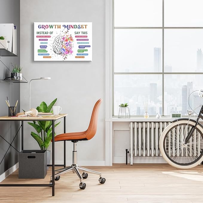 uoyien Classroom Growth Mindset Affirmations for Kids Mental Health Posters Brain Poster Psychology Special Education Calm Corner Wall Art Office Therapy Canvas Wall Decor Prints 16x24in Wood Framed