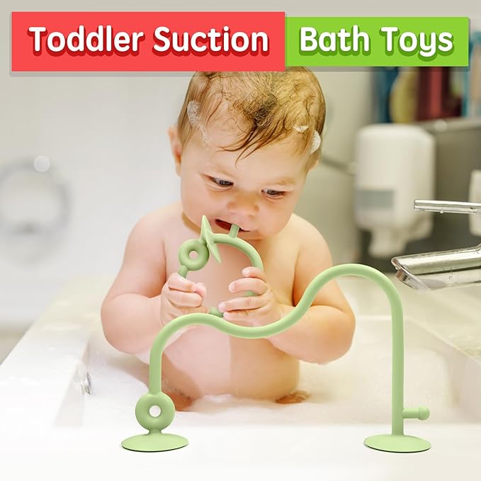 Baby Sensory High Chair Suction Toys for Infant Toddlers 6 12 18 24 Months, Food Grade Silicone String with Oak Loop Montessori Educational Baby Bath Toy Gifts (Green)