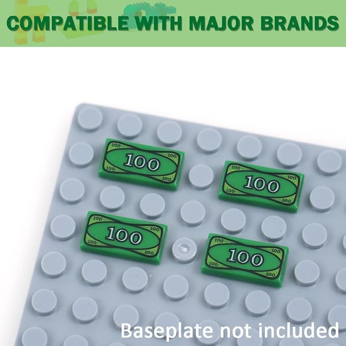 MALEKO Money Tiles Bank Bill Accessories, 200 Pieces 100-Dollar Green 1x2 Tiles, Bulk Building Toy Parts, Compatible with All Major Brands