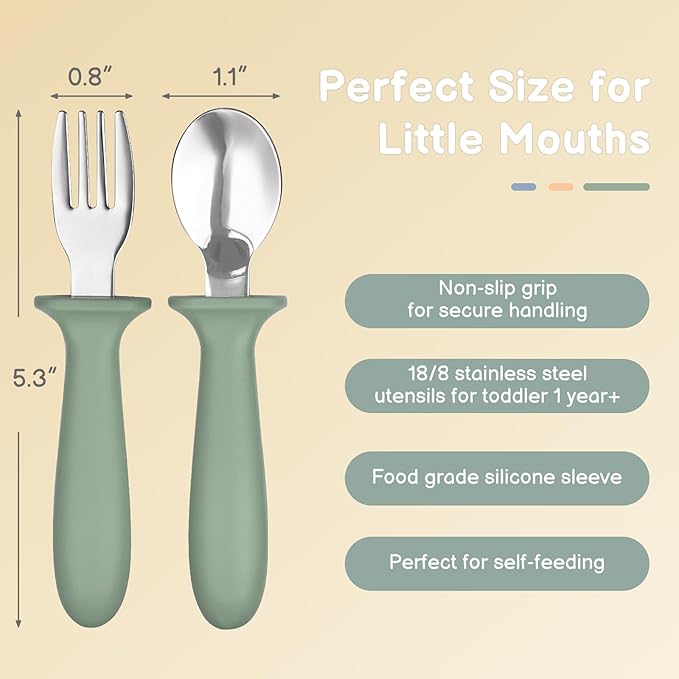6 Pack Toddler Utensils, kids Silverware with Silicone Handle, 18/8 Stainless Steel Children Safe Spoons and Forks Set Baby Feeding Essentials, Dishwasher Safe