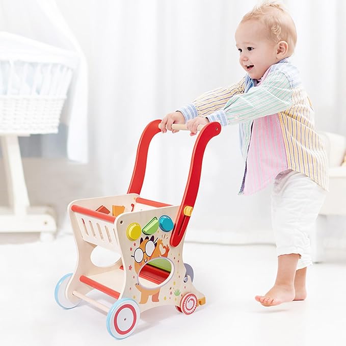 Wooden Baby Push and Pull Walker with Wheels for Boy&Girls,Multiple Activities Kid’s Toy,Shopping Cart Sit to Stand Walker for Toddlers