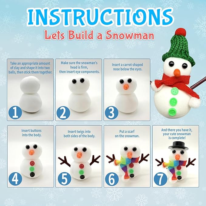 COOLJOY 12 Pack Build a Snowman Kit DIY Snowman Crafts,Air Dry Clay Modeling Crafts Kit,Christmas Stocking Stuffers for Kids,Christmas Gifts for Kids, Snowman Making Kit Toys