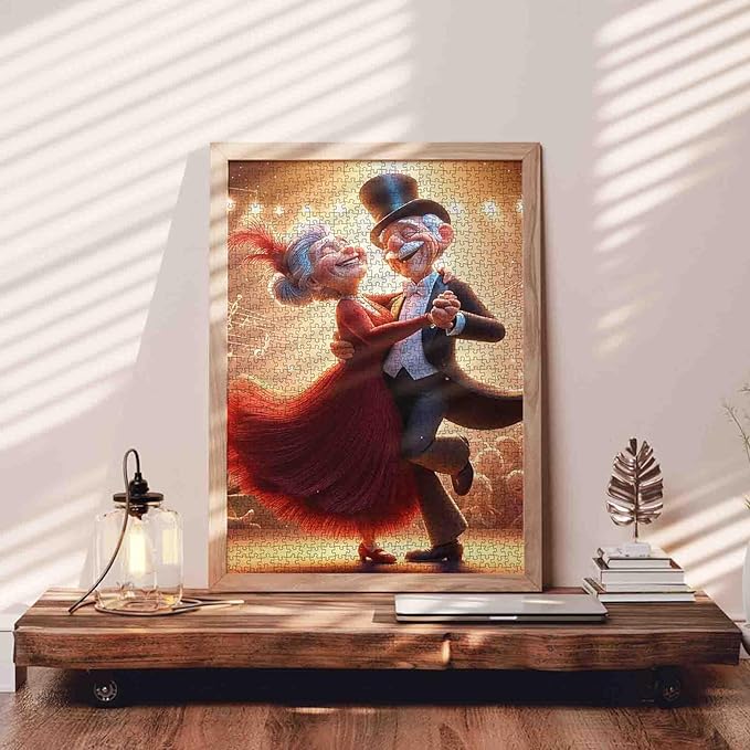 Romantic Elderly Couple Dancing Scene 1000 Piece Jigsaw Puzzle for Adults Students Challenging Colorful Vintage Theater Style Puzzles Artwork Home Wall Decor Brain Training Game Gift 20×27 Inches