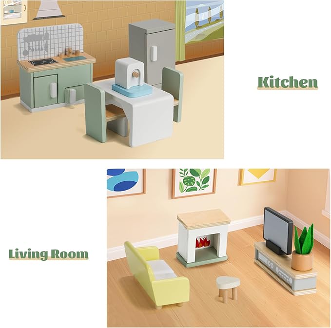 23PCS Wooden Dollhouse Furniture Set for 5 Rooms, Miniature Doll House Accessories & Furniture Toys for Toddlers, Indoor Scenes Pretend Play Toy for Kids 3+