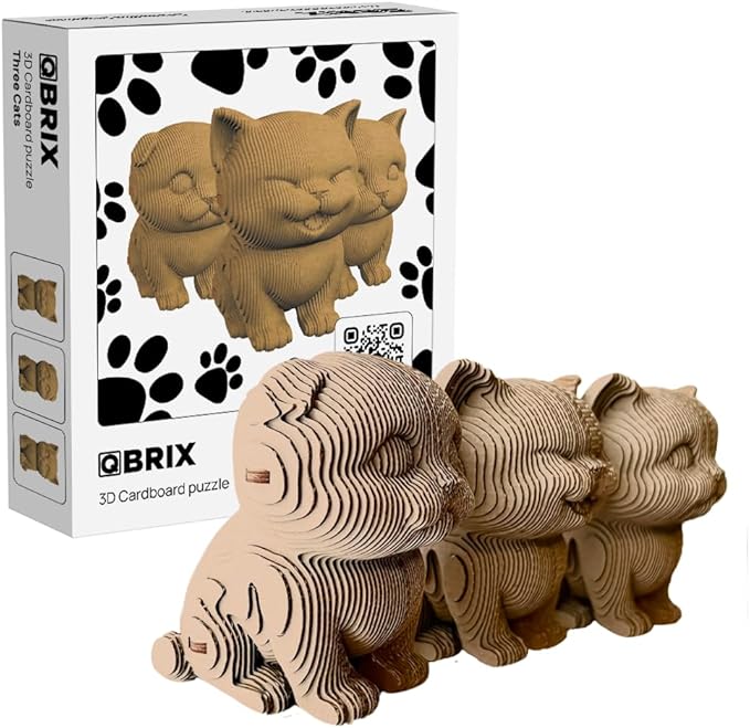 QBRIX 3 Cats 3D Puzzle for Adults, DIY Craft Kit for Home Decor, 3D Model Kit for Teens, Creative Gift for Boys & Girls 14+, Cardboard Model Building Kit