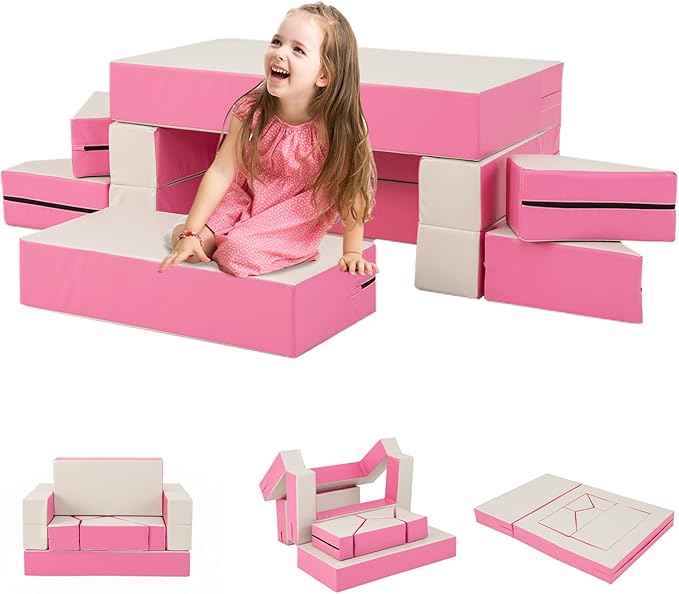 Costzon Climb and Crawl Foam Set, 4-in-1 Convertible Furniture Into Toddler Bed, Sofa, Table, Activity Play Blocks, 8-Piece Lightweight Colorful Interactive Set for Baby and Preschooler (Pink)