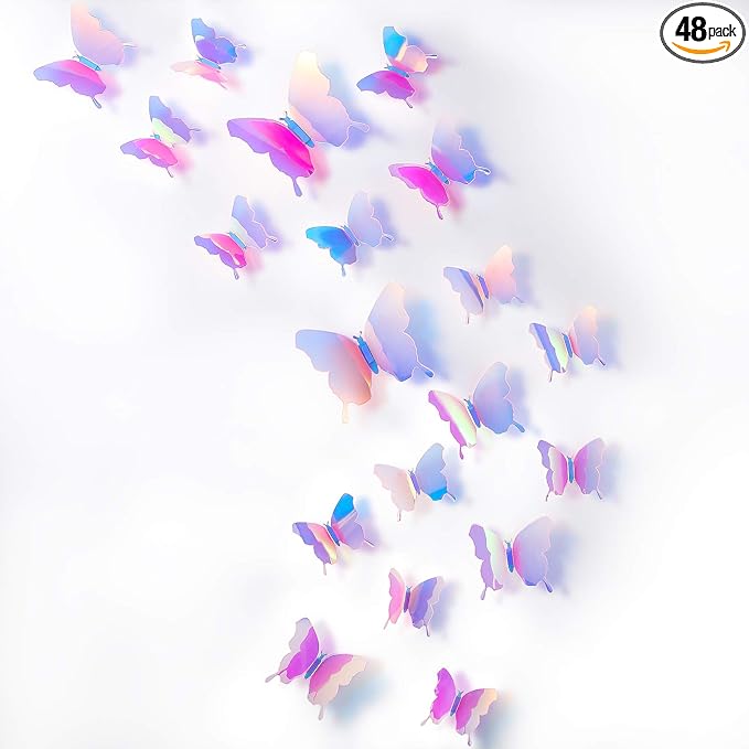 BBTO 48 Pieces Butterfly Wall Decor DIY Mirror 3D Butterfly Stickers Removable Decals for Home Bedroom School Bathroom Living Room Decor(Transparency Colorful Pink)