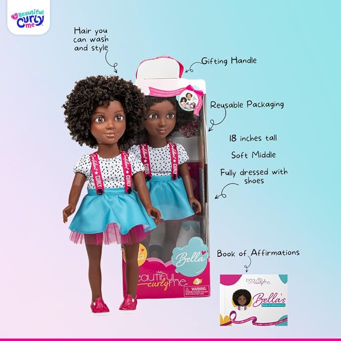Bella 18-Inch Black Doll with Natural Curly Hair & Medium Brown Skin – African American Baby Doll for Girls Ages 3-9 Years Old - Includes Outfit & Affirmation Book – Perfect for Gift