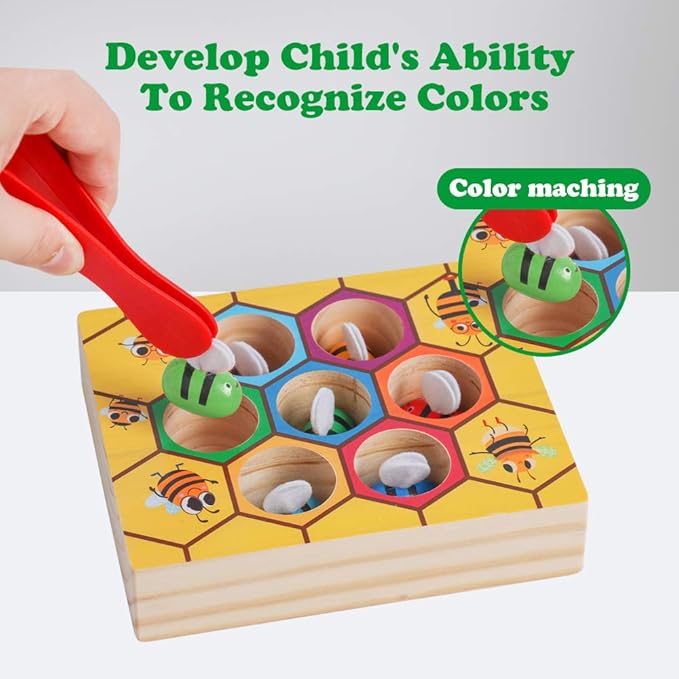 Toddler Fine Motor Skill Toy, Clamp Bee to Hive Matching Game, Montessori Wooden Bee Hive Toys, Wood Color Sorting Puzzle Early Learning Preschool Educational Gift for 3 4 5 Years Old Kids