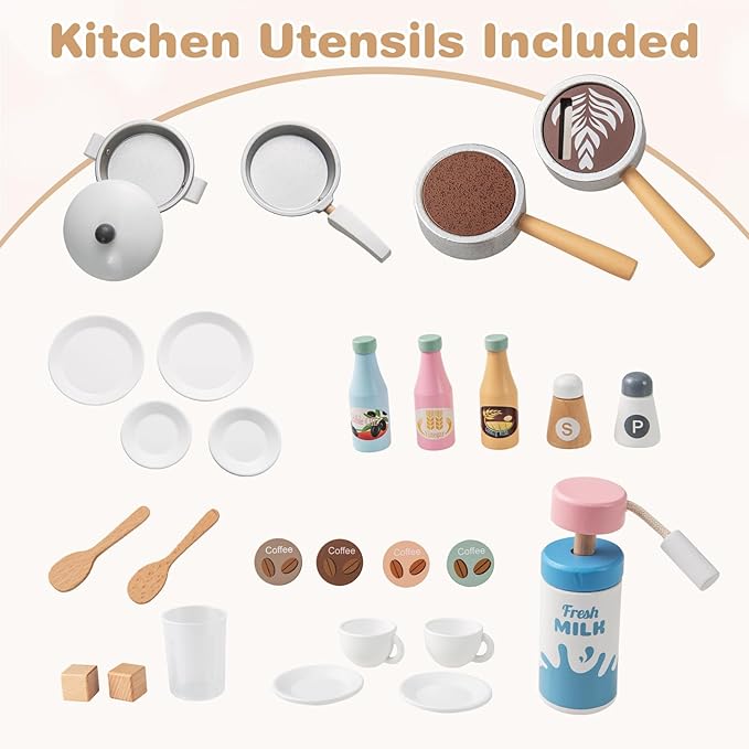 INFANS Kids Kitchen Playset, Toddler Wooden Kitchen Pretend Cooking Toy Set with Coffee Maker Ice Machine Dishwasher Microwave Storage Cabinet, Simulation Play Kitchen for Boys Girls 3+ (White)