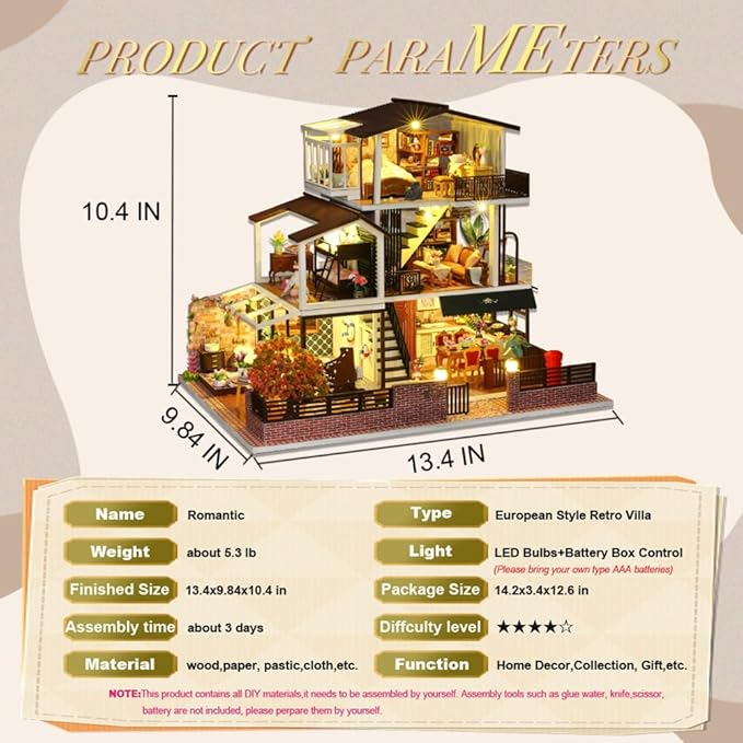 Yuzhen DIY Miniature Dollhouse with Furniture and LED Lights, European Style Villa Wooden Dollhouse Includes Dustcover and Music Movement, Exquisite Home Decor