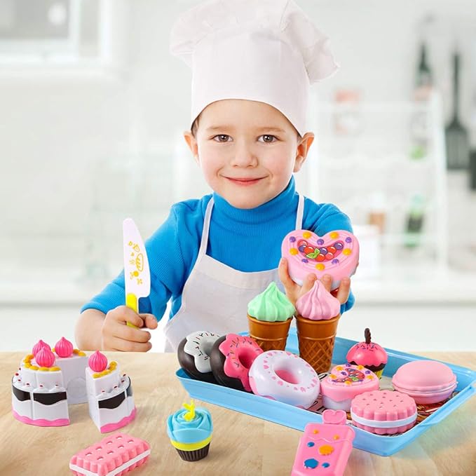 LOVESTOWN Pretend Desserts Toy Set, 15 PCS Play Food Desserts for Kids Kitchen, Toy Ice Cream Cupcake Baking Plastic Play Food for Girls Boys Birthday Gift