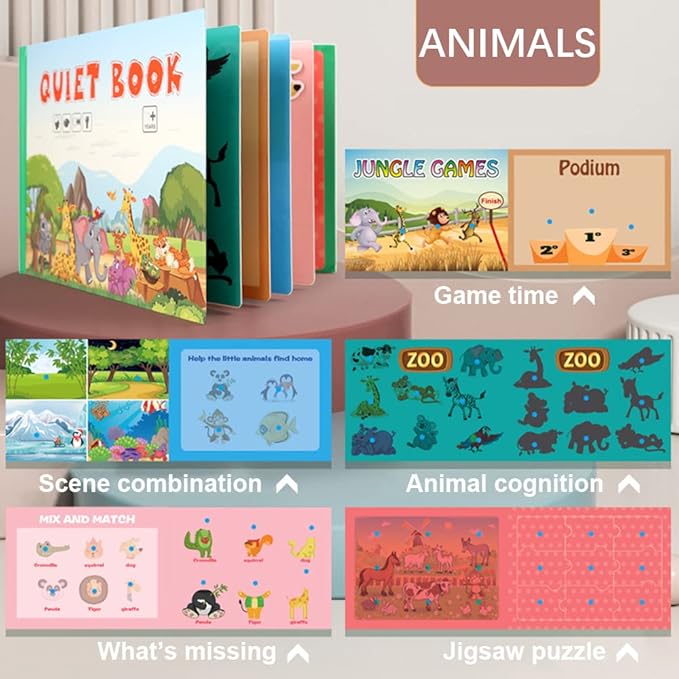 4 Subjects Montessori Quiet Book Busy Board for Toddlers, Toddler Travel Toys, Sensory Toddler Activities, Montessori Educational Toys for 2 3 4 Year Old Boys Girls Gift