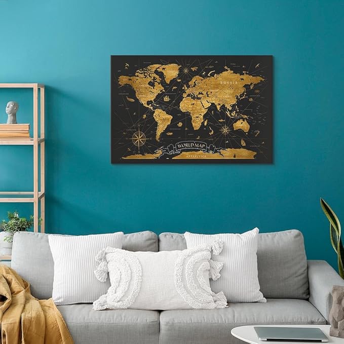 artgeist Canvas Wall Art Print World Map 35x24 in - 1pcs Home Decor Framed Stretched Picture Photo Painting Artwork Modern Art Image World Map Black Continents k-A-0490-b-a
