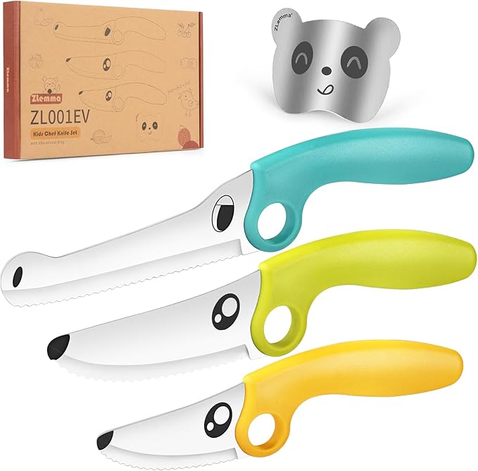 Kids Knife Set for Real Cooking with Educational Ring & Panda Finger Guard for Boys & Girls Cutting, Kids Chef Knife Stainless Steel Blade for Kitchen Cutting-Cool-toned