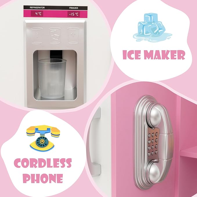 HONEY JOY Kids Kitchen Playset with Lights, Wooden Little Chef Toy Kitchen Set with Storage Bin, Ice Maker & Oven & Stove, Cooking Utensils, Play Kitchen for Toddlers, Gift for Boys Girls, Pink