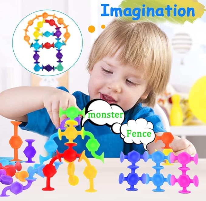 50pcs Suction Toys Sensory Toys for Kids Ages 4-8 Boys Girls, Bath Toy for Toddlers Montessori 8 Colors Sensory Slicone Sucker Travel for Kids 3 4 5 6 7 8