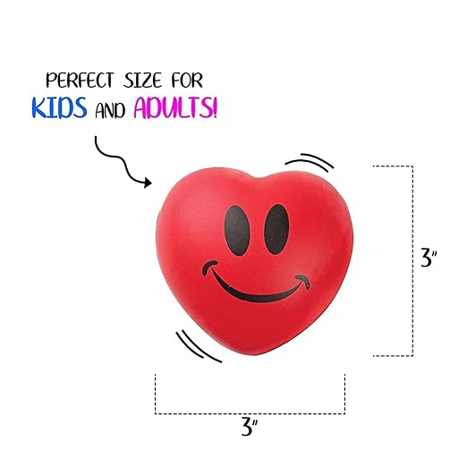 Neliblu Set of 12 Heart Stress Balls - 3-Inch Valentines Stress Balls - Red Squishy Heart Foam Balls - Smiley Face Heart Shaped Stress Balls for Adults - Fun Party Favors and Gifts for Kids