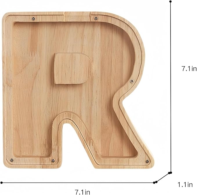 Wooden Alphabet Piggy Bank Clear Acrylic Panel Coin Savings Box Personalized Money Bank for Kids Boys Girls Adults, Birthday Home Décor(R)