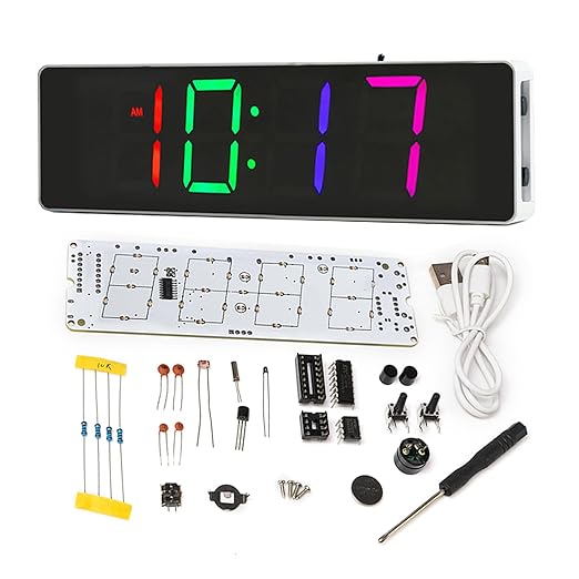 EIELE Soldering Practice Kit 4-Digit RGB Colour LED Digital Clock Kit with colourful case Suitable for students and beginners to solder and learn Adult Electronic Soldering Projects (white case)